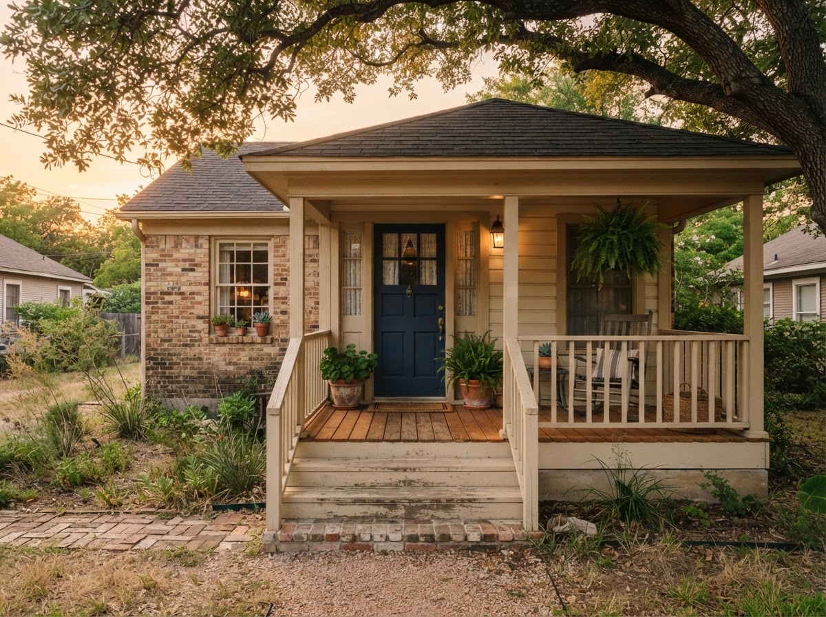 The front porch of an older Central Texas home at golden hour, with brick steps and a navy front door