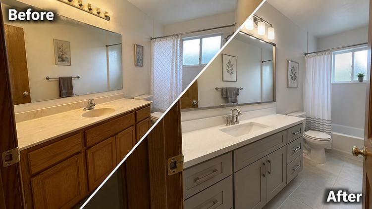 Before and after of a real bathroom remodel: dated oak vanity transformed into a bright bathroom with gray shaker cabinets and quartz countertop