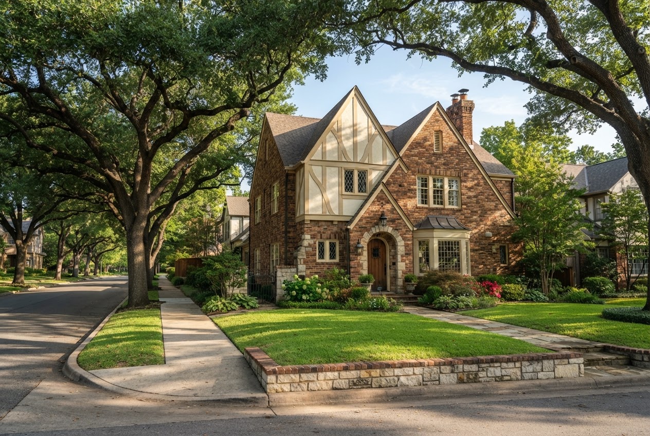A quiet tree-lined street of well-kept older brick homes in a historic Central Texas neighborhood