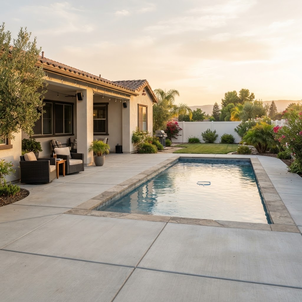 Concrete patio and pool deck sloping away from a home