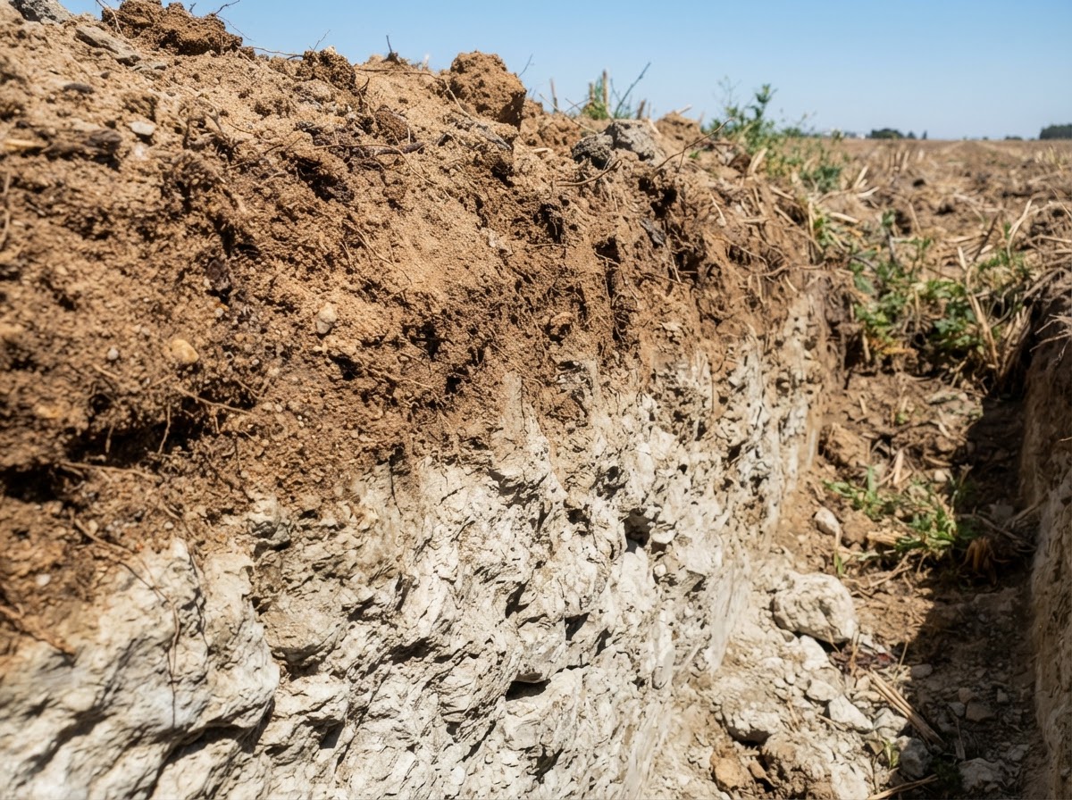 Soil cross-section showing sandy loam over a cemented hardpan layer, typical of Fresno-area ground