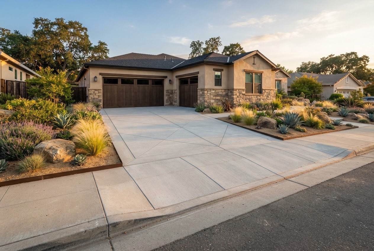 New broom-finish concrete driveway at a Fresno home