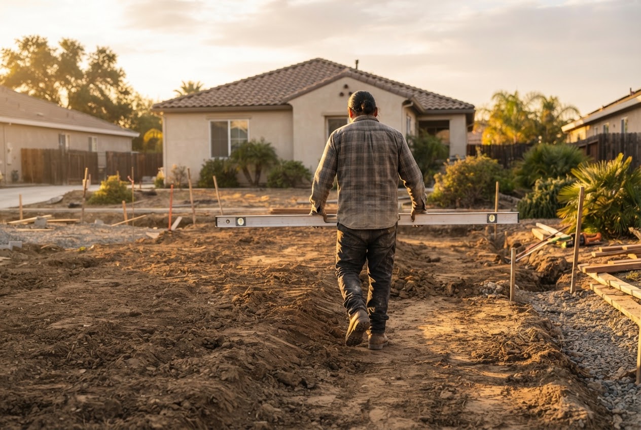 Jose walking a residential lot at sunrise with a level, reading the slope before a pour