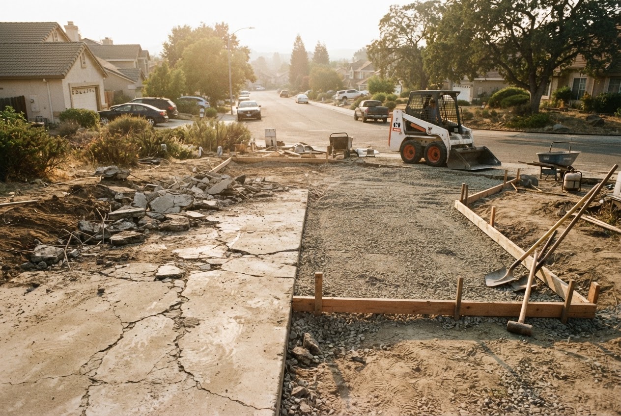 Old concrete driveway being torn out for replacement