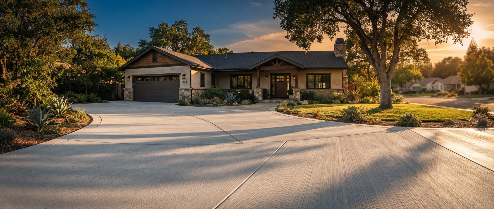 Freshly finished broom-finish concrete driveway at a Fresno home in golden-hour light