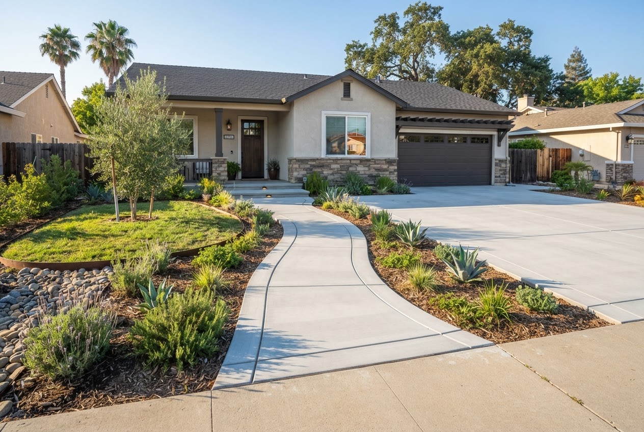 Concrete walkway leading to a home's front entry