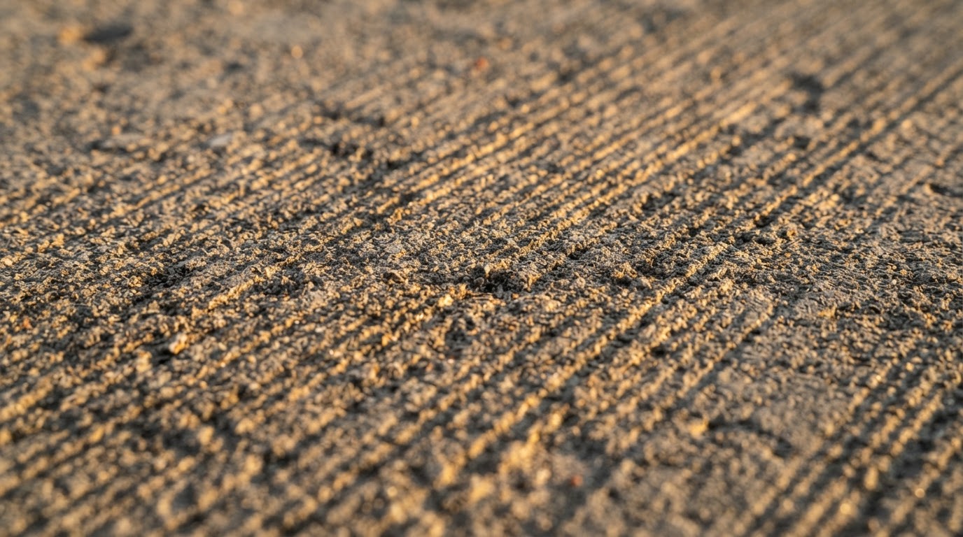 Macro detail of a fresh concrete broom finish in raking light