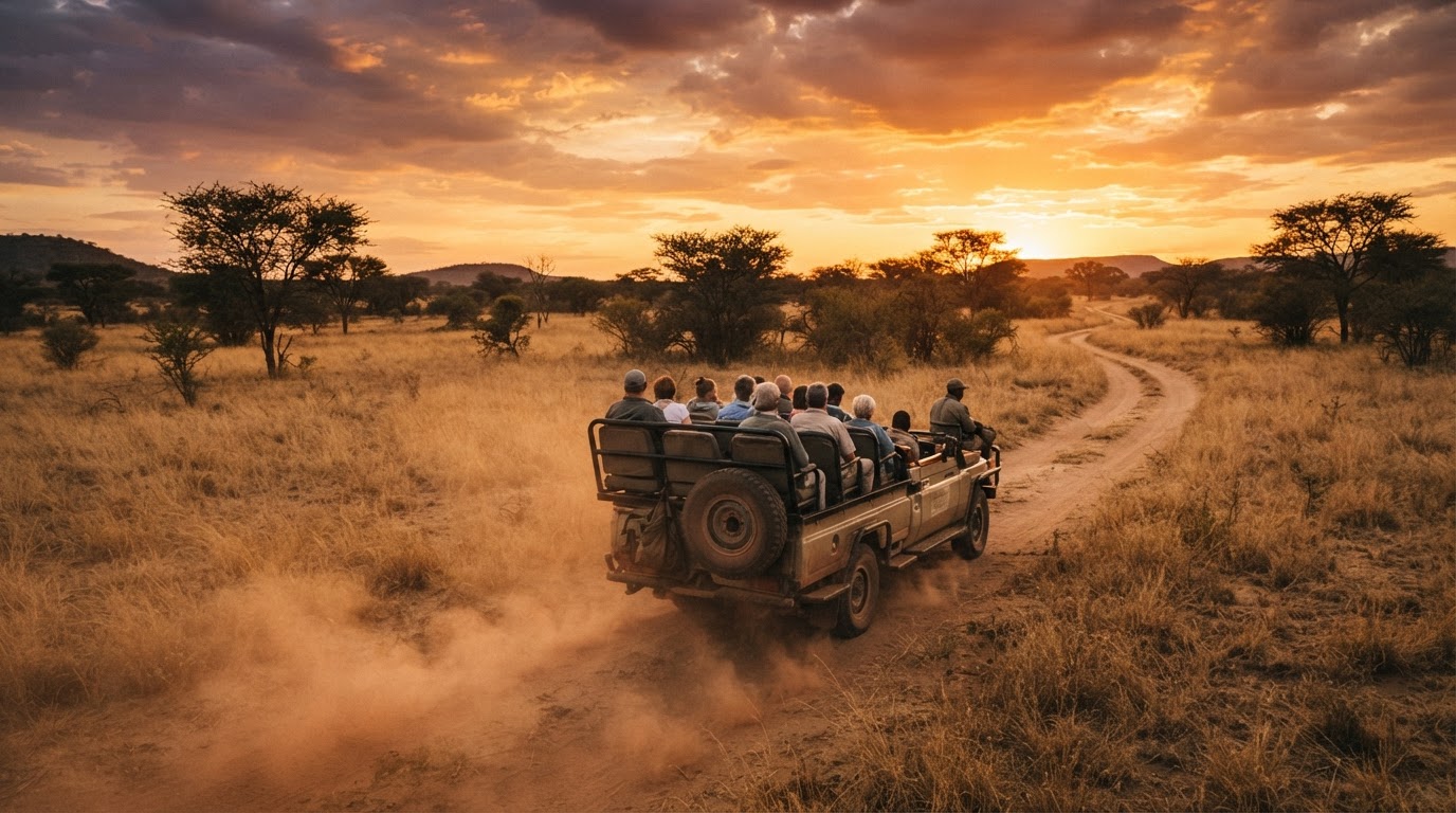Game drive through the bushveld at sunset