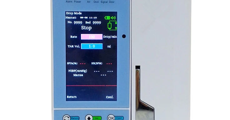 Medsinglong MSLIS13 multi-parameter infusion pump with colour TFT display, NIBP cuff, SpO2 sensor and drop sensor