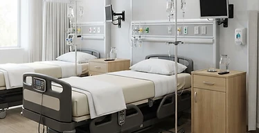 Prime TC Transport Chair — Modern hospital ward with electric patient beds, bedside cabinets and IV stands