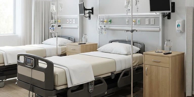 Paediatric Hospital Bed — Modern hospital ward with electric patient beds, bedside cabinets and IV stands