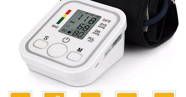 White automatic upper-arm digital blood pressure monitor with LCD showing SYS, DIA and pulse readings, black 22–32cm arm cuff and feature icons