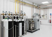 Zone Valve Box — Medical gas pipeline manifold room with oxygen plant and pipe headers