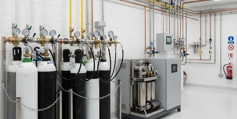 Oxygen Pipeline Network — Medical gas pipeline manifold room with oxygen plant and pipe headers