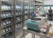 Plasma Freezer — Blood bank refrigerators and centrifuge with labelled blood units in a hospital blood bank