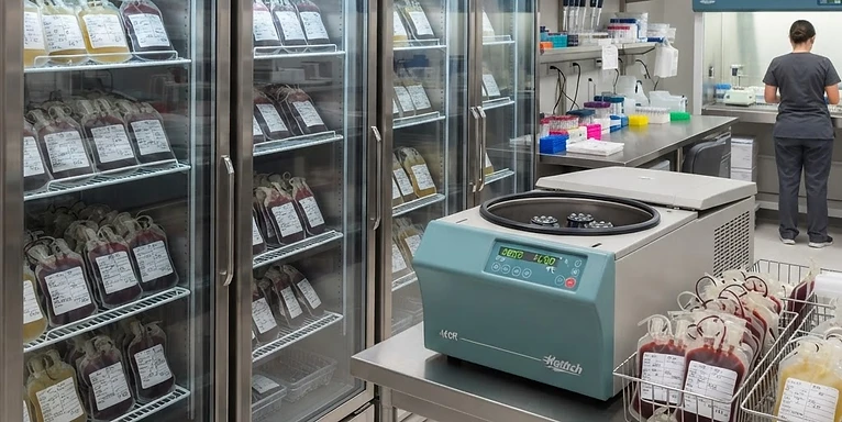 Blood Bank Centrifuge — Blood bank refrigerators and centrifuge with labelled blood units in a hospital blood bank