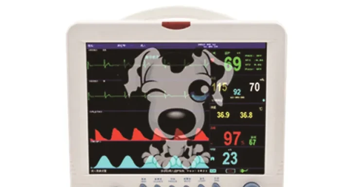 Wincom PM-RB9000V veterinary patient monitor showing waveforms and vital signs numerics on its landscape display