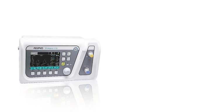 AEONMED Shangrila 510S emergency transport ventilator with waveform display, rotary dial, 40% FiO2 and Peak Flow control knobs