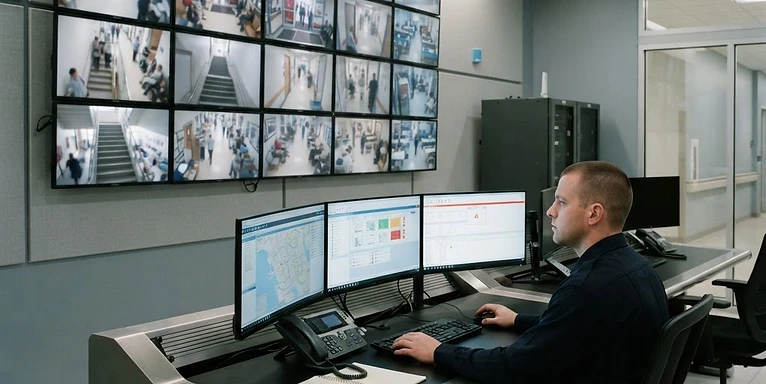 CCTV Camera System — Hospital security control room with CCTV surveillance monitor wall