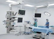 Surgical Pendant (Double Arm) — Ceiling-mounted surgical pendant booms carrying monitors and equipment in an operating theatre