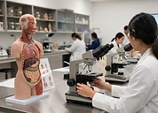 Anatomy Model Set — Anatomical models and teaching microscopes in a medical education laboratory