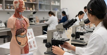 Student Microscope — Anatomical models and teaching microscopes in a medical education laboratory