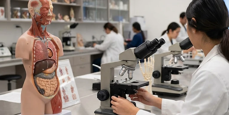 Anatomy Model Set — Anatomical models and teaching microscopes in a medical education laboratory