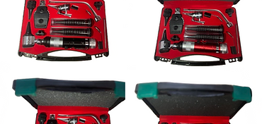 KMSL deluxe ENT diagnostic set in green-trimmed hard case with red foam lining, shown with black, red, blue and green handle colour variants