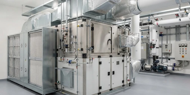 Operating Theatre Air Handling Unit — Hospital HVAC plant room with air handling units, HEPA filtration and clean air ducting