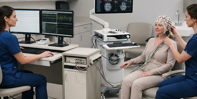 EEG Machine — EEG machine with electrodes and neuro navigation workstation in a neurology diagnostic room