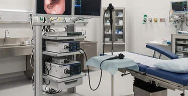 ERCP System — Endoscopy tower with video monitor and examination table in an endoscopy procedure room