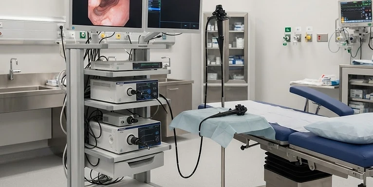 Colonoscope — Endoscopy tower with video monitor and examination table in an endoscopy procedure room