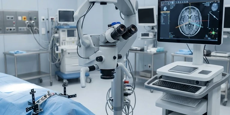 Surgical Microscope (Neuro) — Neurosurgical operating microscope and navigation system in a neurosurgery theatre