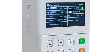 Medsinglong MSLIS33 peristaltic infusion pump with rate-mode LCD, keypad controls and open tubing door on IV pole