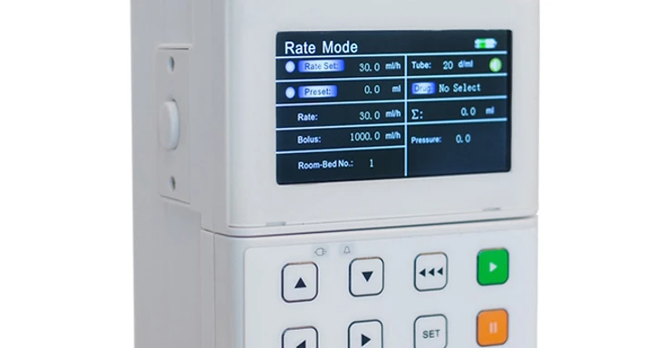 Medsinglong MSLIS33 peristaltic infusion pump with rate-mode LCD, keypad controls and open tubing door on IV pole