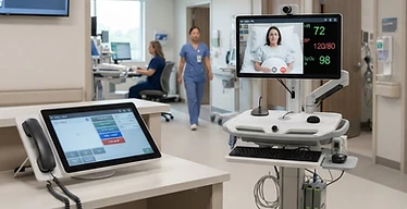 RTLS System — Nurse call master station with telemedicine cart and hospital information displays