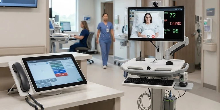 Esaote SUITESTENSA CVIS Platform — Nurse call master station with telemedicine cart and hospital information displays