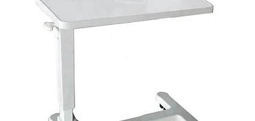 White ABS hospital overbed table with height-adjustable column, H-base frame and four black castors