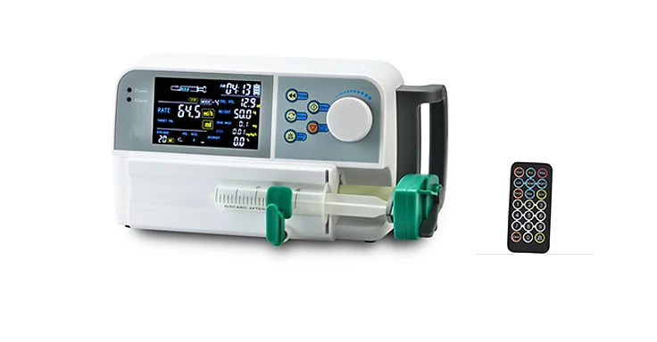 Medsinglong MSLIS12 syringe infusion pump with loaded syringe, digital flow-rate display and handheld remote control