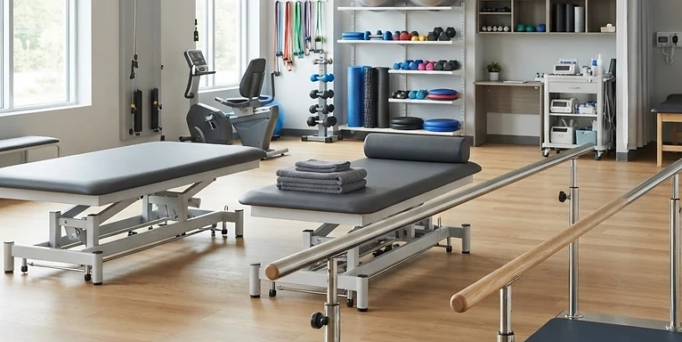 TENS Unit — Parallel bars, therapy tables and exercise equipment in a physiotherapy rehabilitation gym