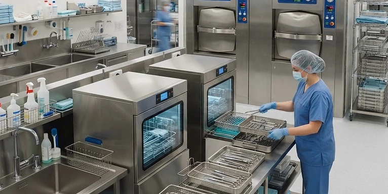 Steam Sterilizer (CSSD) — Steam autoclave sterilisers and instrument washing area in a sterile services department