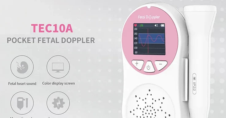 Wincom TEC10A pocket fetal doppler with colour display showing fetal heart rate 156 and waveform