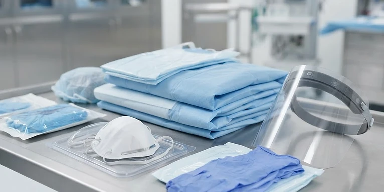 Surgical Gowns (Pack) — Personal protective equipment with surgical gowns, gloves, face shields and respirators