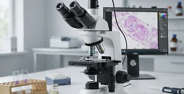 Light Microscope — Research laboratory binocular microscope with digital imaging camera and prepared slides