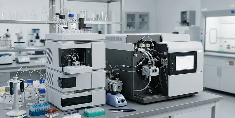 GC-MS System — HPLC liquid chromatography system and mass spectrometer in an analytical laboratory