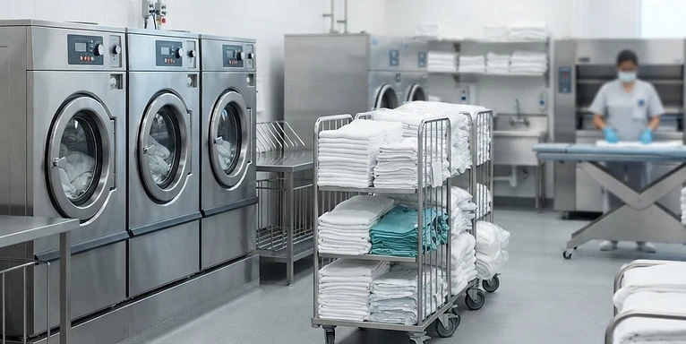 Theatre Linen Pack — Hospital laundry facility with industrial washing machines and clean linen carts
