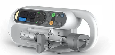 Yonker syringe pump with loaded syringe in the measuring cradle, plunger drive clamp and D-pad with colour-coded start, bolus and stop controls