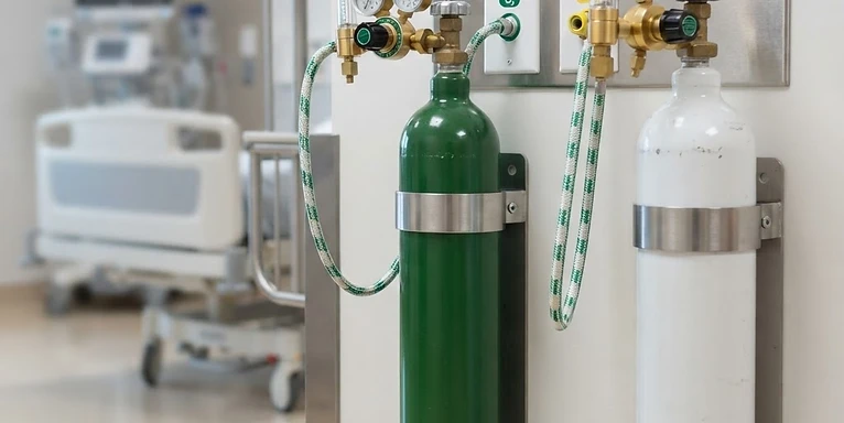 Oxygen Concentrator — Medical gas cylinders with regulators and wall outlet panels in a hospital