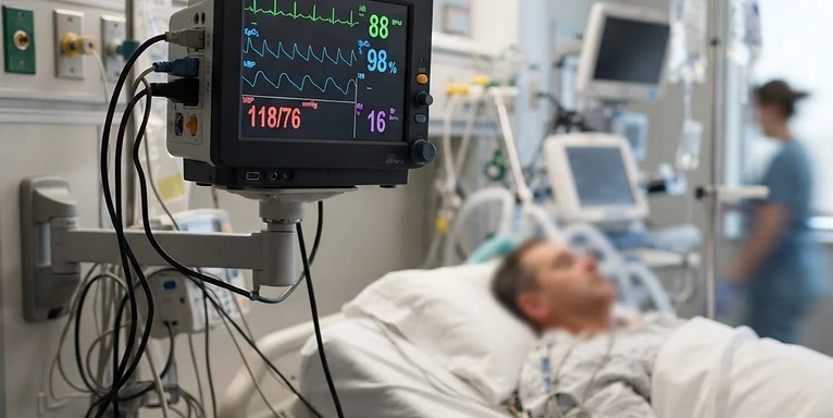 CONTEC CMS9100PLUS Portable Patient Monitor — Bedside multi-parameter patient monitor displaying vital signs in an intensive care unit
