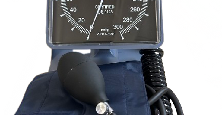 Desk-model aneroid sphygmomanometer with 0–300 mmHg certified dial gauge, navy fabric cuff, inflation bulb and coiled tubing